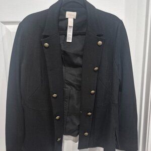 Chico’s Black Double‑Breasted Military‑Style Blazer – Brass Buttons (Sz 2)